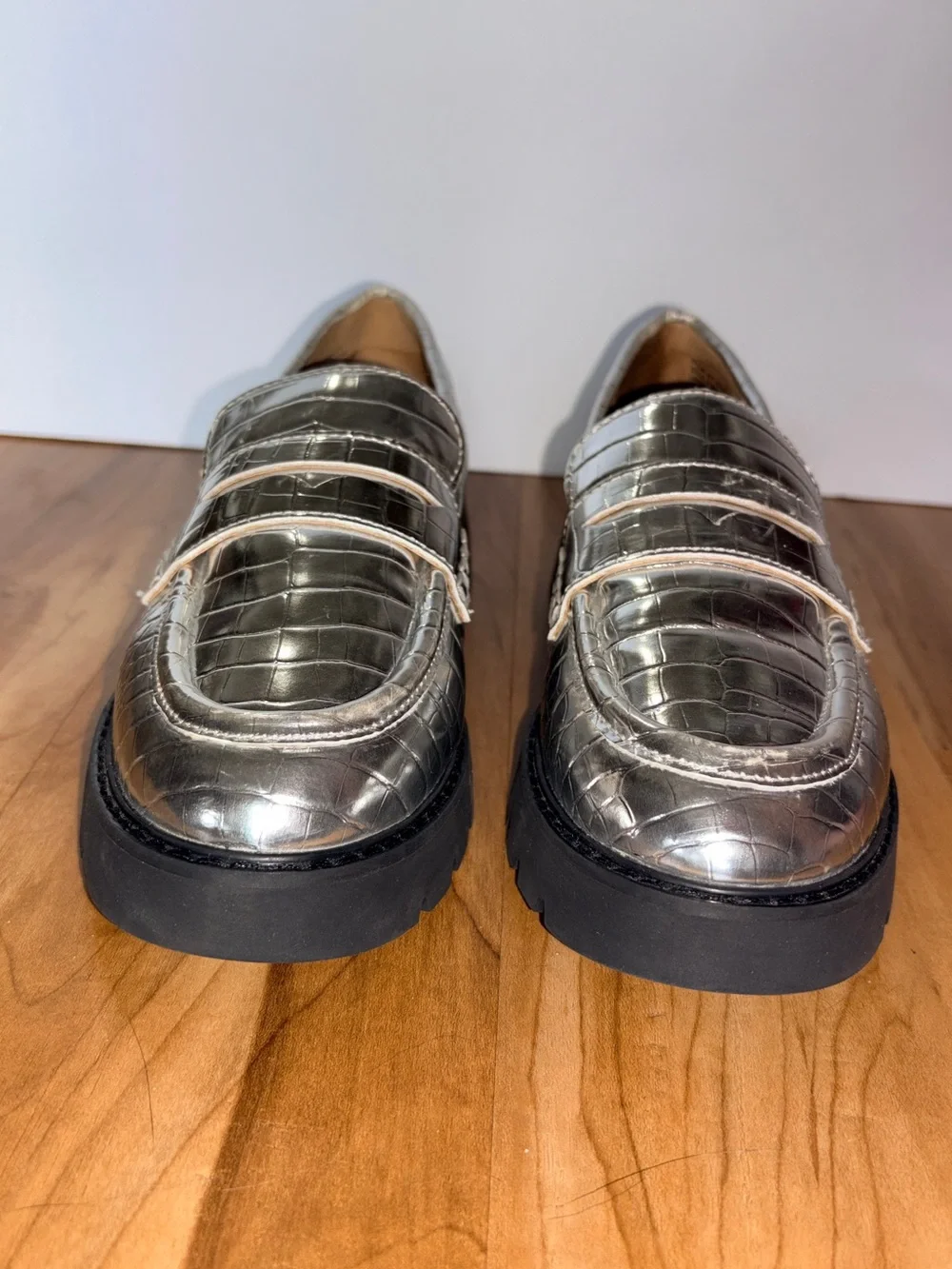 J. Crew Metallic Silver Croc-Embossed Lug Sole Penny Loafers size 7